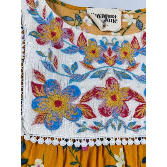 Savanna Jane Cottagecore Yellow Floral Embroidered Boho Pom Pom Trim Blouse M - Picture 6 of 13